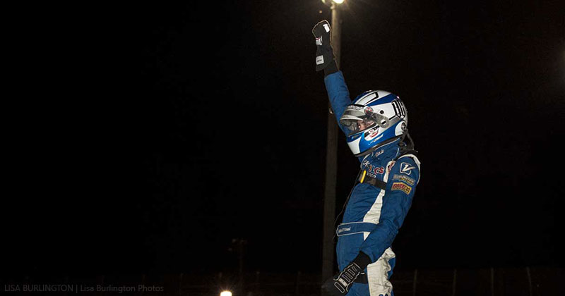 Austin ONeal celebrates after winning his first Holley USRA Stock Car feature on Friday, Aug. 24, at the Lakeside Speedway in Kansas City, Kan.